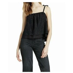 LUCKY BRAND Embroidered Eyelet Layered Cami Tank Top‎ Women's Size XS Black Crop